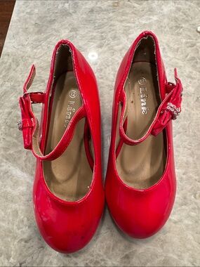 Red Patent Mary Jane Heels with Bow Detail